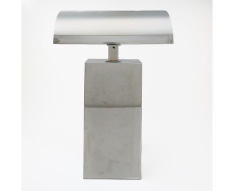 1980sEach with a curved shade and rectangular base, inscribed Karl Springer. Height of taller 24 inches; width of shade 16 3/