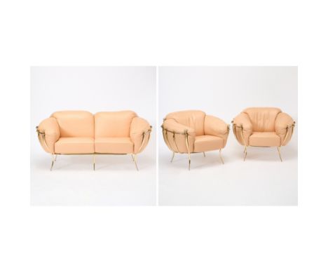 1980s/1990sHeight of sofa back 31 inches, height of seat 17 inches, length 62 inches, depth 34 inches; height of chair back 3