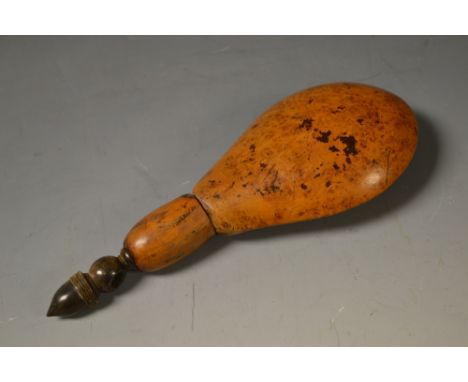 A 19th century burr wood tear shaped powder flask 