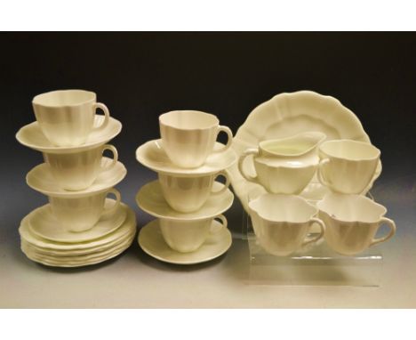 Ceramics - a  Royal Crown Derby  white Surrey shape tea service, green back stamp, a pair of Shelly white tea cups.