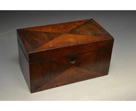 A George III rectangular tea caddy inlaid with rosewood and maple, the hinged cover opening to reveal both covers, 21cm wide 
