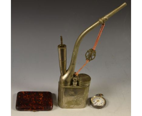 An opium pipe; a continental silver lady's pocket watch; a faux tortoise shell cigarette case (3)