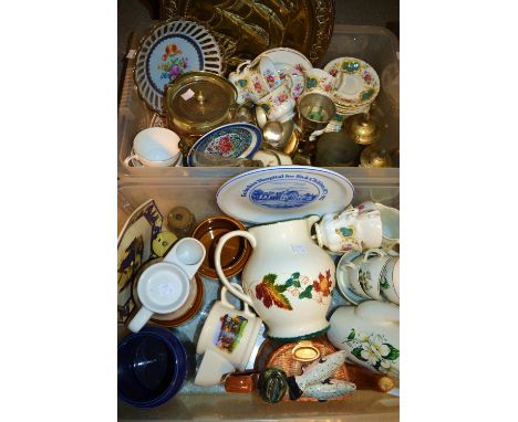 Ceramics and Glass - a Poole Pottery jug; a Royal Albert part tea service; others; silver plate; brass; qty (2 boxes)