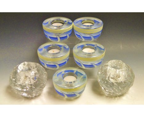 Scandinavian Glass - a pair of Kosta Boda Volcano tea light holders;  a set of five Taiga pattern holders (7)