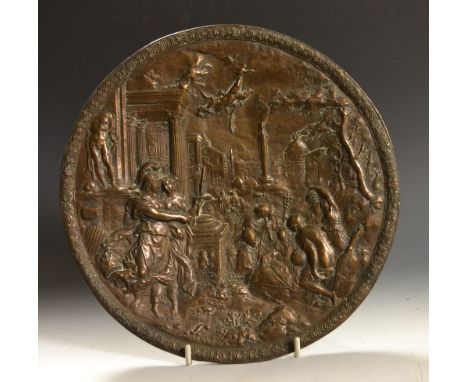 A 19th century bronze plaque, circular, cast with classical figures, 26.5cm diam