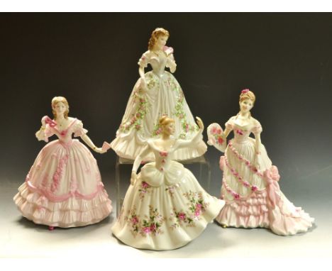 A Royal Worcester figure, Queen of Hearts; two others, Splendour at Court and The Masquerade Begins; a Royal Doulton figure, 