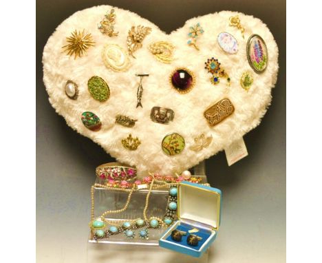 Costume jewellery - a pair of Siam silver cufflinks , brooches including marquisette, seed pearl, ceramic , enamel , others  