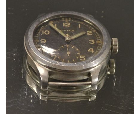 A Cyma military watch head, black dial, luminous hands, subsidiary seconds, Arabic numerals, issue arrow and No. P7810/12810.