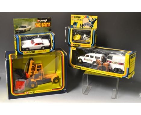 Corgi Toys - a 1113 Hyster Challenger 800, yellow and black, yellow hubs, grey container;  a 44  Mounted Police Set;  a 320 T