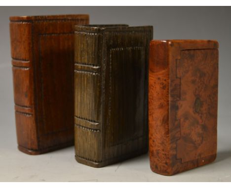 A George III burr yew novelty book shaped snuff box, c.1820; others, similar (3)