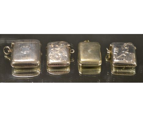 A novelty silver tennis vesta case, marked 925; a George V silver vesta case, engine turned, Birmingham 1927; an Edwardian si
