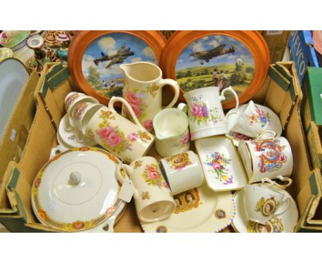 A pair of Royal Doulton Bradex collectors plates; an Abbeydale trinket tray; a Hazelwood cup on a saucer, cream jug and mug; 