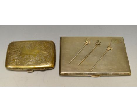 A silver rectangular cigarette case, engine turned decoration, initialled RH, Birmingham 1946; another, smaller, Birmingham 1