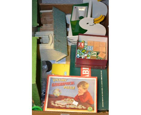 Toys and Juvenalia - a painted wooden farm, marbles, games, playing cards, etc.
