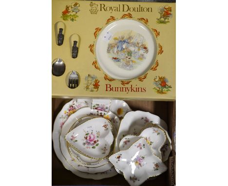 A Royal Crown Derby Posie pattern set of four Bridge trays; other similar trinket dishes; a Bunnykins christening set