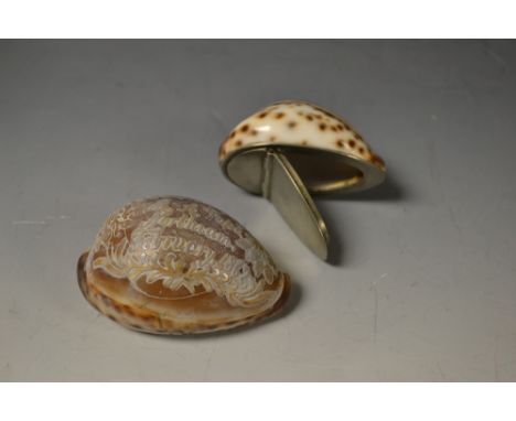 A 19th century novelty cowrie shell snuff box; folk art carved cowrie shell, inscribed M A Pope, Northiam, February 1862 (2)