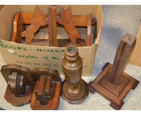Treen - a pair of novelty bookends, terrier supports, c.1940; a pair of Art Deco bookends, c.1930; book stand; lamp; brushes;