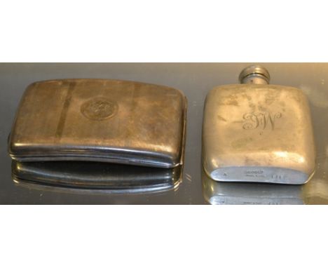 A silver cigarette case, Birmingham 1918, engraved 21st Dec 1917; a base metal hip flask (2)