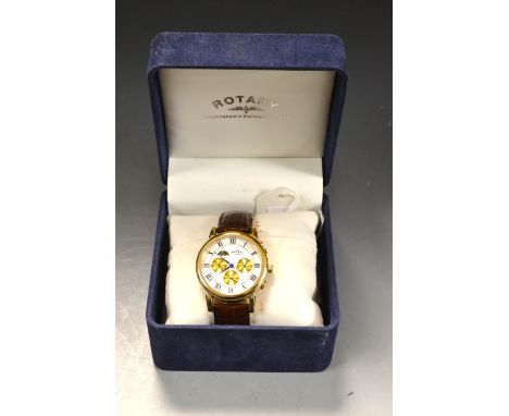 A modern gentleman's Rotary Moon phase automatic wristwatch, circular white dial, subsidiary dials showing day, date, and 24 