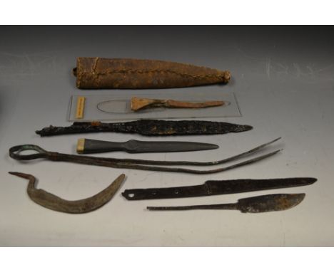 Antiquities - Tribal Art - a late 17th/early 18th century iron knife, blacksmiths mark to blade; an unusual slate blade; quar