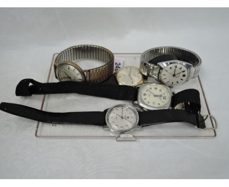 A gents yellow metal incabloc wrist watch by Rone having baton numeral dial on plated stretch strap, no marks, and four other