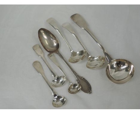 Two Georgian silver salts spoons, Newcastle 1823 & 1838 Thomas Wheatley & John Brown of Carlisle, a Georgian silver ladle, tw