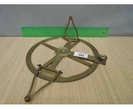 A vintage circular brass protractor instrument by W & S Jones, Holborn, London, having calibrated scale and adjustable dial