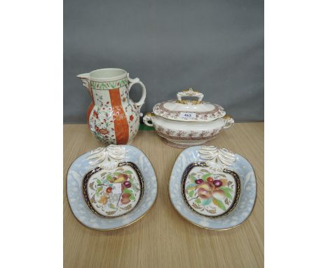 A Royal Worcester tureen in brown and white having elephant mask handles, a 19th century jug having mask spout and oriental f