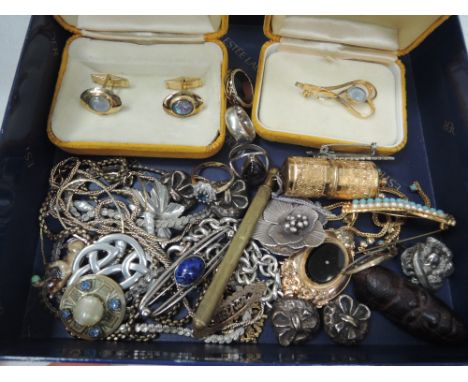 A selection of costume jewellery including opal set cufflinks and brooch stamped Strlg sil, white metal buttons, Lapis Lazuli