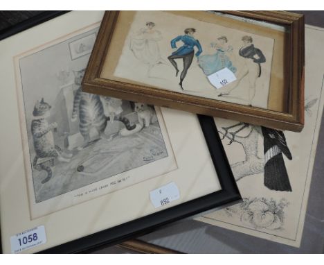 A watercolour, Gay dancers, 19th century, 4'x5.5' and a selection of engravings and prints including after Louis Wain, Not a 