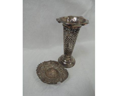 An Edwardian silver trumpet vase having extensive pierced decoration and frilled rim, no liner, Chester 1902, Jay Richard Att