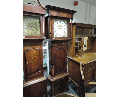 A late 18th century mahogany longcase clock having square pillar hood containing painted face and 30 hour movement by Parkins