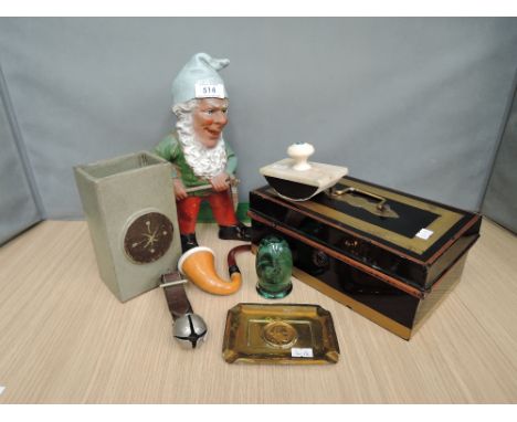 A selection of miscellaneous including vintage terracotta gnome, glass dump, Art pottery vase, pipe etc