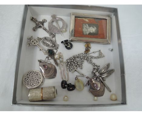 A selection of HM silver and white metal including small photograph frame, earrings, thimble case, Irish silver brooch by Pat
