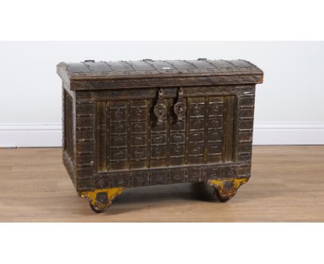A MODERN INDIAN METAL MOUNTED TRUNKWith embossed panel decoration, 90cm wide; 50cm deep; 69cm high