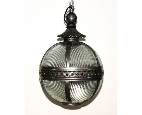 A PAIR OF STEEL GREY FINISHED METAL MOUNTED GLASS SPHERICAL HANGING LIGHT AND ANOTHER  (3)Recent Manufacture 
With four light