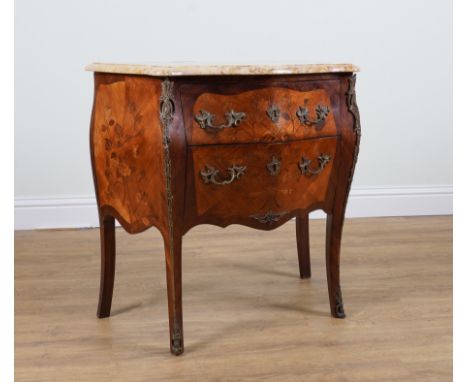 A LOUIS XV STYLE MARBLE TOPPED COMMODEOn gilt metal mounted inlaid walnut bombe two drawer base 85cm wide; 43cm deep; 82cm hi