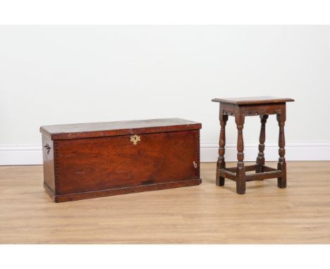 AN 18TH CENTURY OAK JOINT STOOL (2)43cm wide; 27cm deep; 55cm high; Together with an 18th century oak trunk, 93cm wide; 34cm 