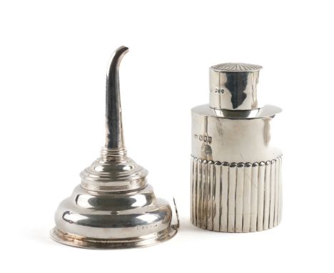 A VICTORIAN SILVER TEA CADDY AND A SILVER WINE FUNNEL (2)The tea caddy of cylindrical form, with partly fluted decoration and