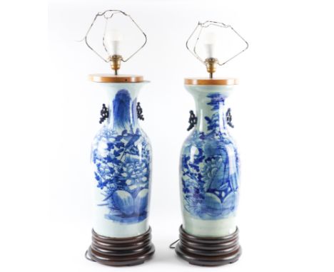 A NEAR PAIR OF CHINESE BLUE AND WHITE BALUSTER VASE TABLE LAMPS (2)19th / 20th Century
One a pale celadon green ground with i