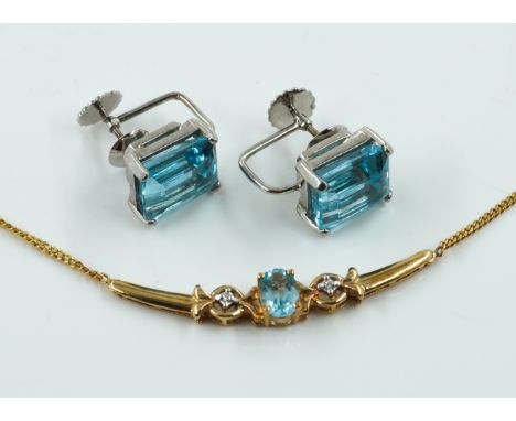 A PAIR OF BLUE TOPAZ EARRINGS AND A 9CT GOLD, BLUE TOPAZ AND DIAMOND NECKLACE (2)Each earring claw set with a rectangular ste