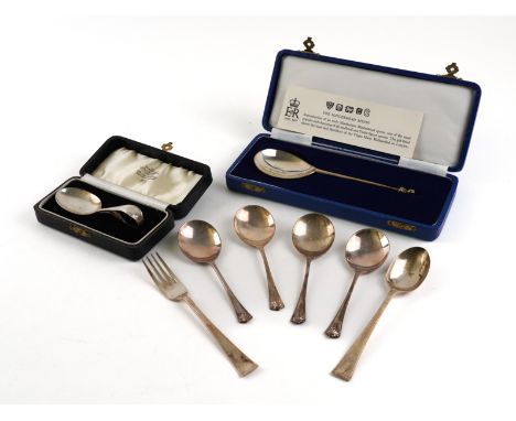 A GROUP OF SILVER FLATWAREComprising; a maidenhead spoon, with a case, a christening spoon with a case, a christening spoon a