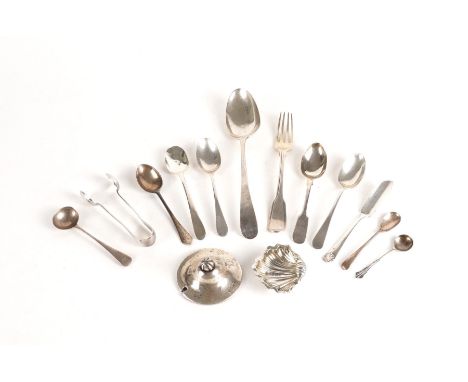 A GROUP OF SILVER (14)Comprising; a salt of scallop shell form, a dessert fork, a tablespoon, a pair of sugar tongs, a lid, a