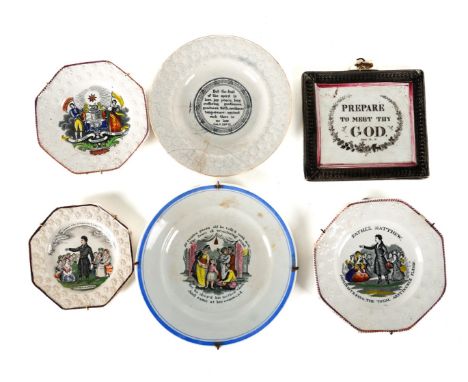 THREE POTTERY `TEMPERANCE' NURSERY PLATES19th century
Each of octagonal form with pink lustre rims, two printed and coloured 