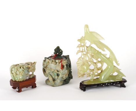 TWO JADE OR JADEITE CARVED POTS AND A JADE-TYPE CARVED GROUP OF BIRDS IN A LEAFY BOUGH (3)Modern
The bodies of both pots carv