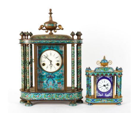 A CHINESE CLOISONNÉ ENAMEL MANTEL CLOCK AND A CARRIAGE CLOCK (2)Modern
The first of with colonnade sides, twin train movement