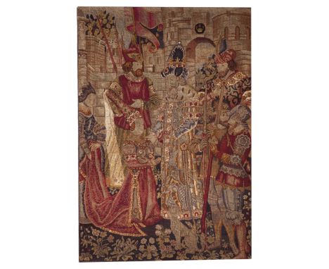 A TAPESTRY DEPICTING A MEDIEVAL STYLE CORONANTION OR ROYAL ANOINTING20th Century, later backed 
In various coloured wools, th