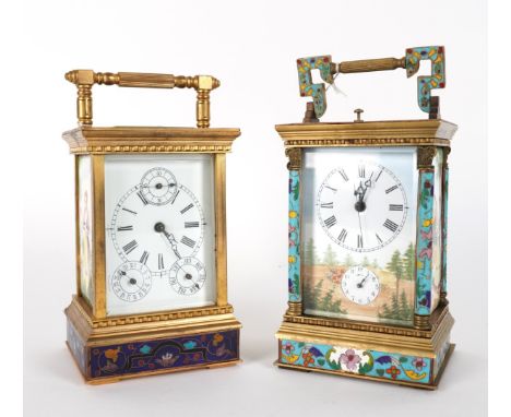 TWO CHINESE CLOISONNÉ ENAMEL AND ENAMEL PANEL DECORATED CARRIAGE CLOCKS (2)Modern
The first with turquoise blue ground panels