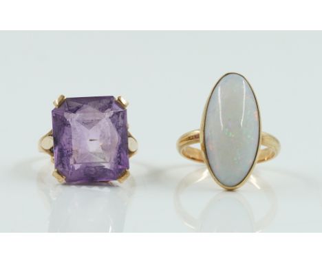 TWO GOLD AND GEM SET RINGS (2)Comprising; an opal single stone ring, mounted with a navette shaped opal, unmarked, ring size 