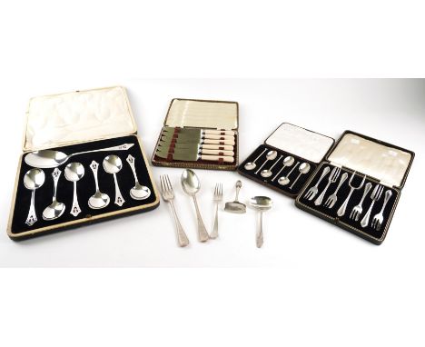 A GROUP OF SILVER AND PLATED FLATWAREComprising; a set of six teaspoons, Sheffield 1929, cased, a Victorian christening spoon
